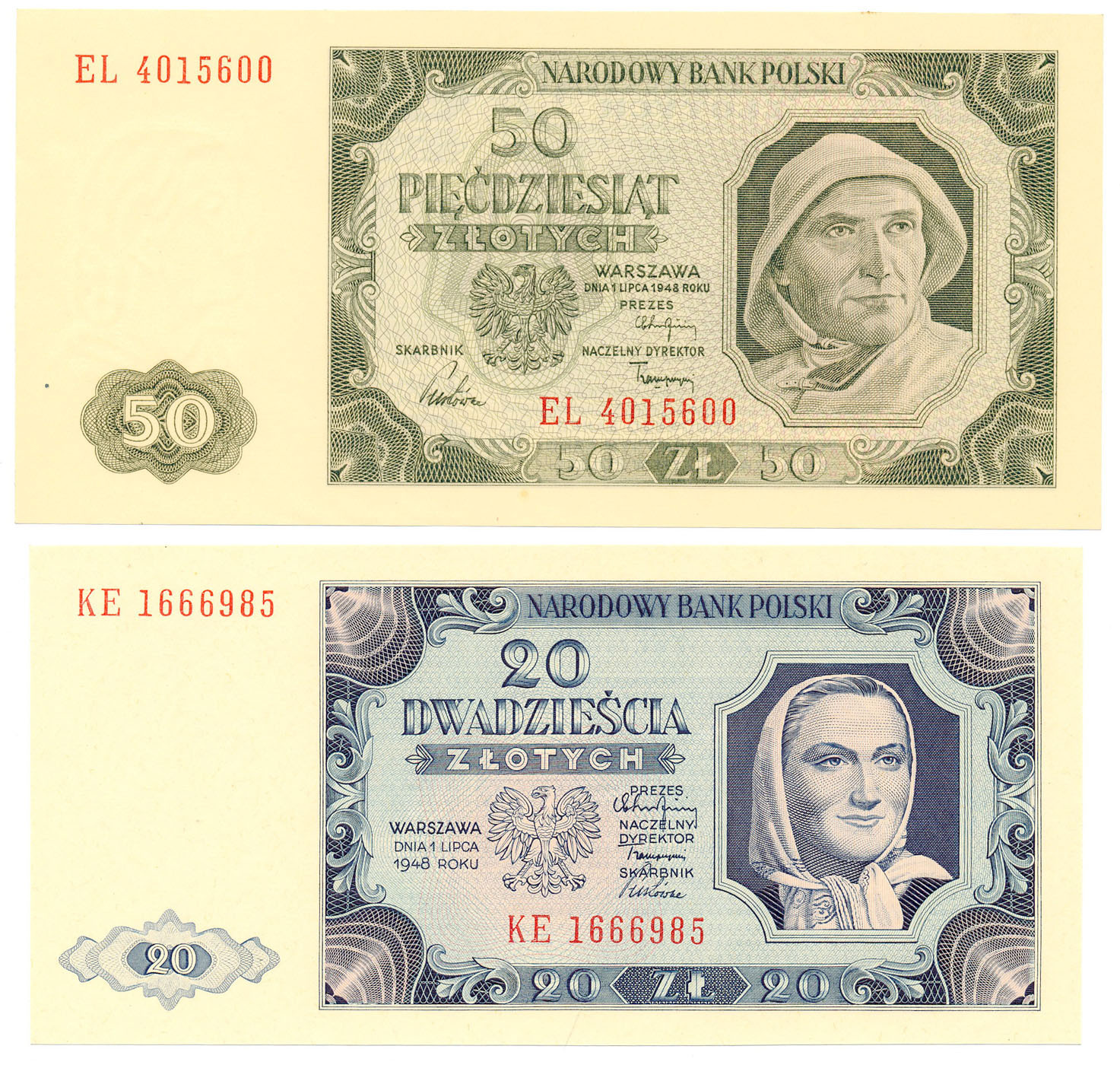 20, 50 złotych 1948 seria KE i EL, zestaw 2 banknotów - Piękne